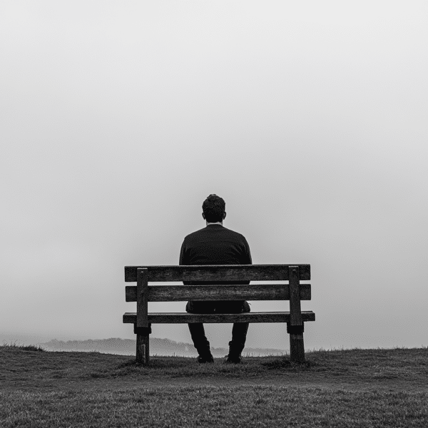 Hombre de espaldas, viendo al horizonte, escenario gris que transmite el sentimiento de soledad