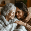 Dos mujeres, una joven y la otra anciana, la joven cuida felizmente de la mujer mayor