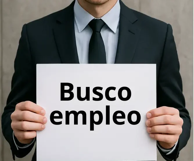 Hombre ejecutivo triste portando un letrero que indica búsqueda de empleo