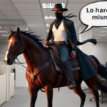 Hombre ejecutivo vestido como llanero solitario, en medio de un ambiente de oficina