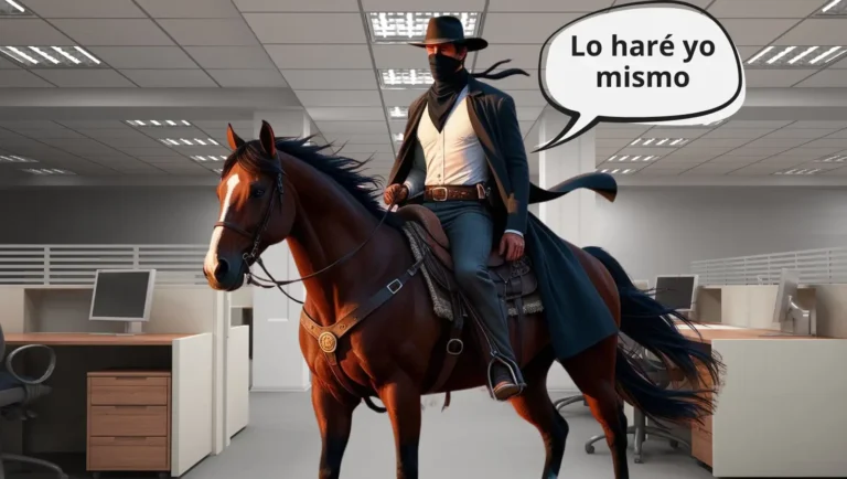 Hombre ejecutivo vestido como llanero solitario, en medio de un ambiente de oficina